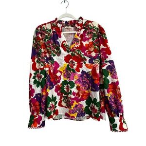 Jodifl Floral Ruffle V-Neck Blouse Long Sleeve Ric-Rac Trim Top Small Multicolor